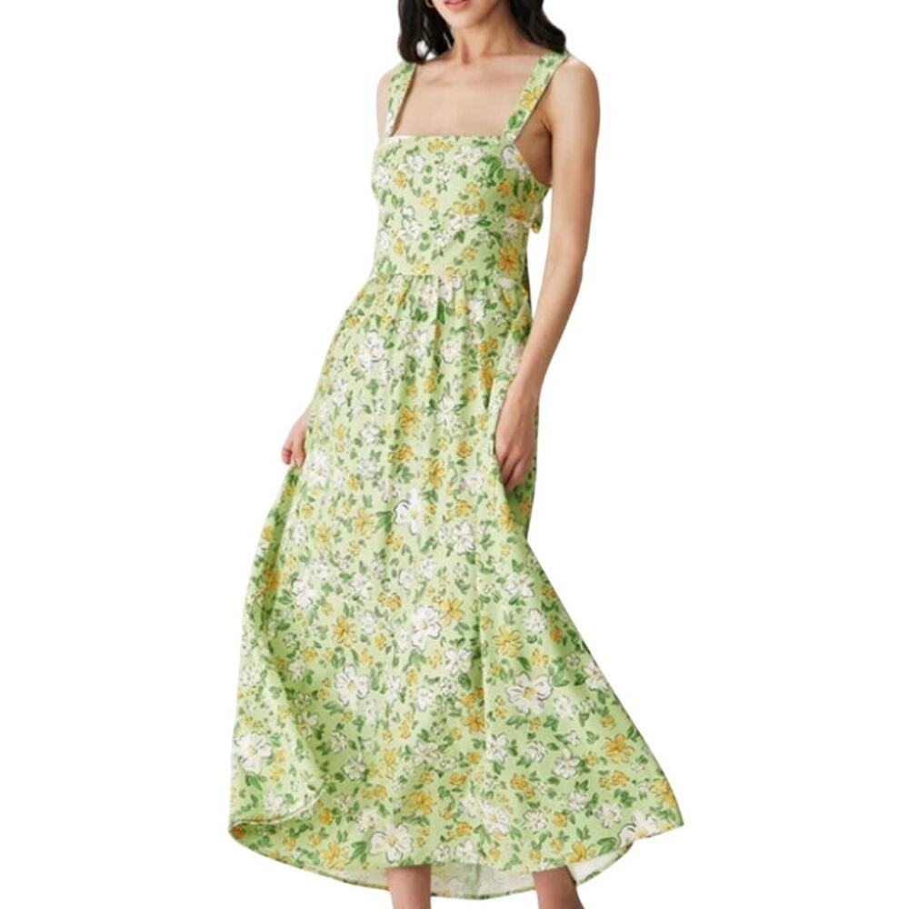 Rihoas M NEW Green Floral Backless Maxi Dress Elegant Tie Back Yellow Green